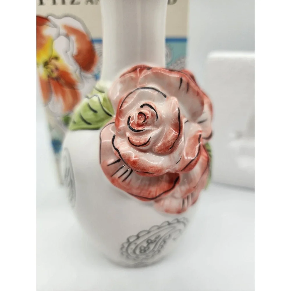 Fitz and Floyd Paisley Park Bud Vase 3D Pink Rose White Ceramic Floral 6 inch